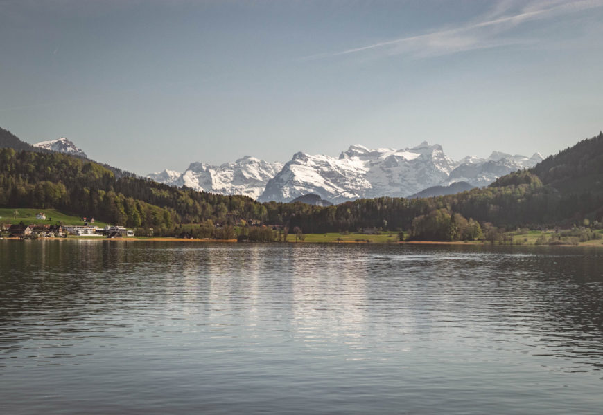 Das Bergpanorama mit Aegerisee bei Zug in der Schweiz